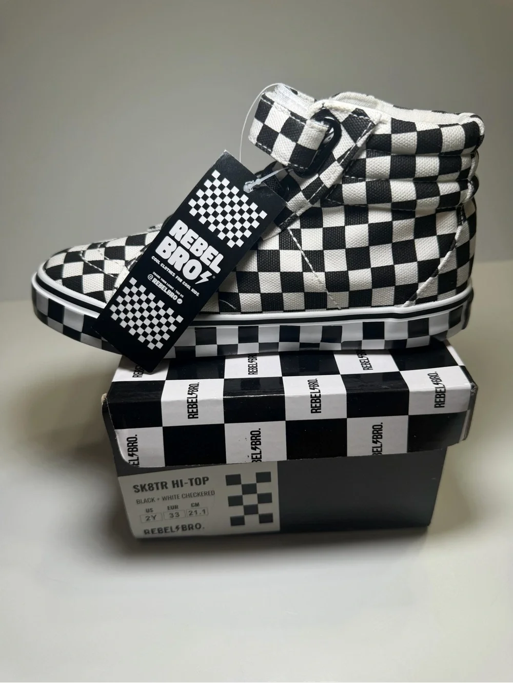 Rebel Bro Kids Checkerboard High-Top Sneakers - Black & White 2Y